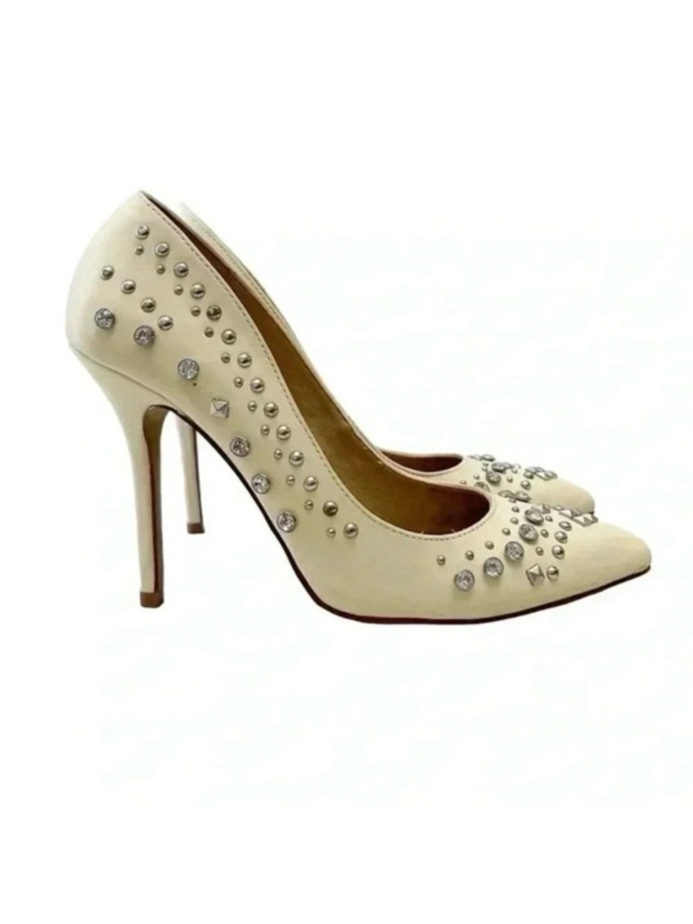 Aldo Cream Leather Pumps Pointed Toe High Heel Rhinestone Studded Stiletto 7.5